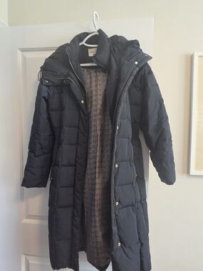 Cole Haan Dark Navy Long Quilted Puffer Coat with Hood